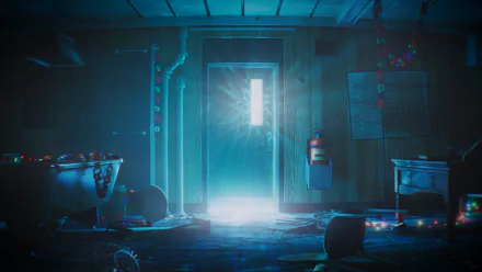 HD desktop wallpaper and background featuring an eerie room from the video game Still Wakes the Deep, illuminated by a glowing light coming through a door, with scattered objects enhancing the mysterious atmosphere.