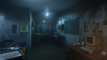 HD desktop wallpaper featuring a scene from the video game Autopsy Simulator, depicting a dimly lit, eerie autopsy room with medical equipment and a chalkboard.