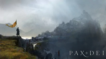 HD wallpaper featuring a figure with a flag overlooking a misty valley and rugged mountains, teeming with medieval fantasy ambiance, tagged with the game title Pax Dei in the corner.
