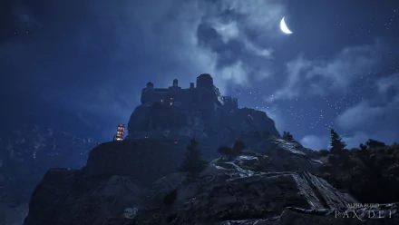 HD desktop wallpaper of the video game Pax Dei featuring a moonlit castle atop a rocky hill with a cloudy night sky.