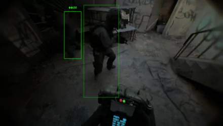 A HD desktop wallpaper featuring a bodycam view from a video game, highlighting a tactical scene with soldiers in a dark, graffitied environment.