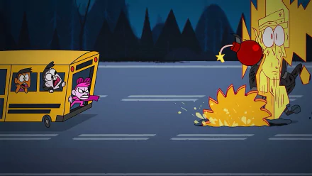 HD desktop wallpaper featuring a scene from the video game BLUD. Characters are engaging in a dramatic, cartoon-style confrontation with a large creature, alongside a yellow bus on a dark road.