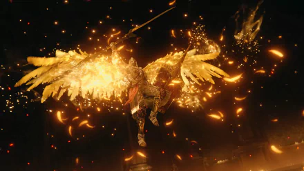 High-definition desktop wallpaper featuring a dynamic scene from the video game Elden Ring: Shadow of the Erdtree, showcasing a glowing, winged character amid fiery sparks.
