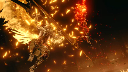 HD wallpaper of Elden Ring: Shadow of the Erdtree, featuring Messmer the Impaler in a fiery, intense battle scene with glowing sparks and dramatic lighting.