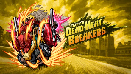 4K Ultra HD PC desktop wallpaper and background for Dillon's Dead-Heat Breakers: armored, gun-armed flaming armadillo racing past a sunlit city with the game's bold logo.
