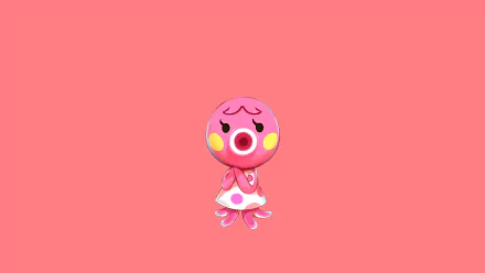 HD PC desktop wallpaper featuring a cute pink character from Animal Crossing: Pocket Camp against a solid coral background.