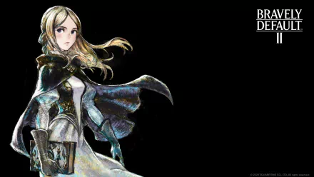Bravely Default II 4K Ultra HD PC Desktop Wallpaper and Background: watercolor-style cloaked heroine holding a book on a black background with the game logo in the top right.