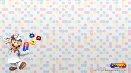 4K Ultra HD Dr. Mario World PC desktop wallpaper featuring Dr. Mario holding a capsule with colorful virus characters against a pastel patterned background.