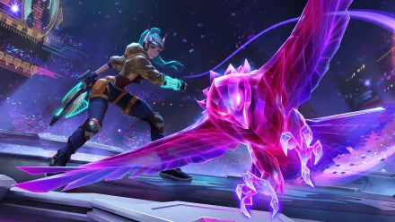 A vibrant HD desktop wallpaper featuring Quinn from League of Legends, showcasing her dynamic action alongside a mystical purple owl in a lively, colorful setting.