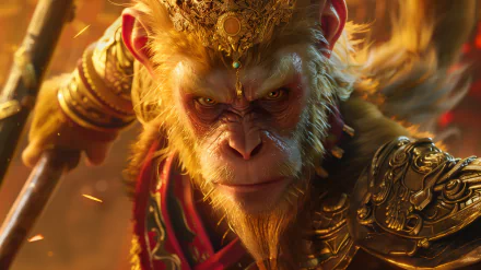 HD desktop wallpaper featuring an intense depiction of Sun Wukong, the Monkey King, adorned in intricate golden armor and headgear with a staff, set against a fiery background.