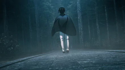 HD anime wallpaper featuring Muzan Kibutsuji from Demon Slayer: Kimetsu no Yaiba standing alone on a misty forest path at night.