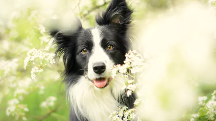 A close-up of a black and white Border Collie surrounded by soft white blossoms, captured in stunning 4K Ultra HD as a vibrant PC desktop wallpaper.
