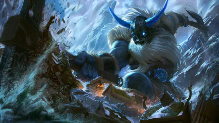 HD wallpaper of Olaf from League of Legends, depicted with blue horns amidst an icy, mountainous background, embodying the fierce warrior spirit in the video game.