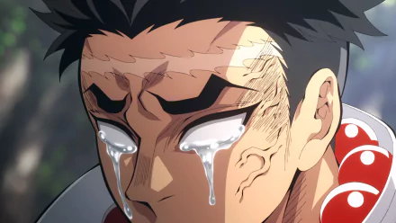 HD PC desktop wallpaper featuring Gyomei Himejima, the Stone Hashira from the anime Demon Slayer: Kimetsu no Yaiba, with tears streaming down his face.