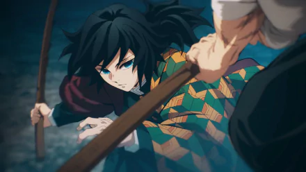 HD PC desktop wallpaper featuring Giyuu Tomioka, the Water Hashira from Demon Slayer: Kimetsu no Yaiba, in a dynamic anime battle scene.