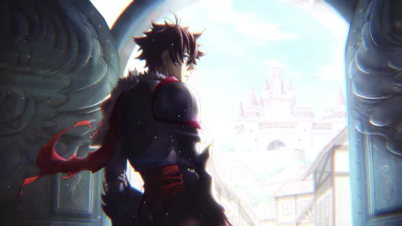 HD desktop wallpaper featuring a character from the anime I Got a Cheat Skill in Another World and Became Unrivaled in The Real World Too, standing dramatically in front of a castle backdrop.