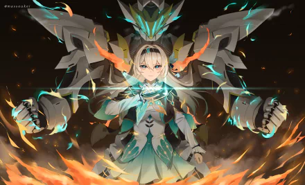 A stunning HD desktop wallpaper featuring Firefly and Sam from the video game Honkai: Star Rail, showcasing vibrant colors, dynamic poses, and a dramatic background with flames and energy effects.