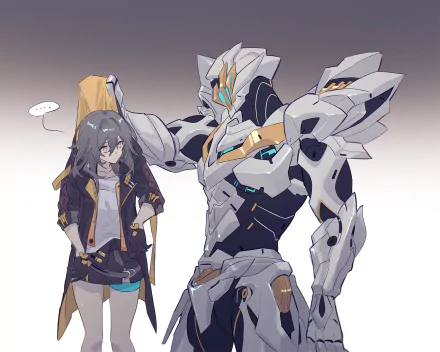 HD desktop wallpaper featuring characters from Honkai: Star Rail, including Sam. The scene depicts a large armored figure draping a jacket over a smaller, casual-looking character.