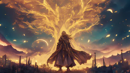 HD wallpaper featuring Miquella of the Haligtree from Elden Ring: Shadow of the Erdtree, standing before a radiant, golden tree against a dramatic night sky.