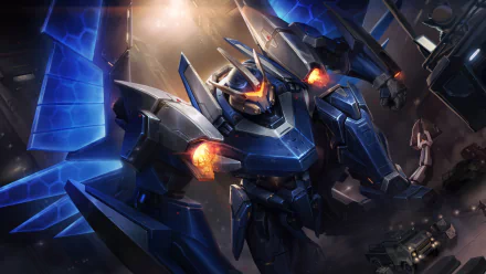 HD desktop wallpaper featuring a mecha-themed character, Galio from the video game League of Legends, showcasing powerful steel armor and vibrant lights.