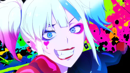 Anime-style Suicide Squad Isekai Harley Quinn with vibrant blue and pink hair, smiling mischievously against a colorful, splattered neon background in 4K Ultra HD.