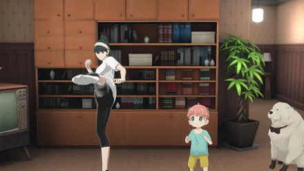HD desktop wallpaper from the video game SPY×ANYA: Operation Memories depicting a kickboxing woman, a child, and a dog in a room with a bookcase and plant.