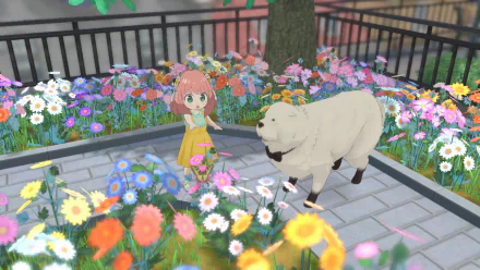 A HD desktop wallpaper featuring a scene from SPY×ANYA: Operation Memories, depicts a girl with pink hair standing in a flower garden next to a large white dog.