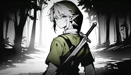 Link from The Legend of Zelda: Breath of the Wild and Tears of the Kingdom stands in a dark forest, showcased in this HD PC desktop wallpaper.