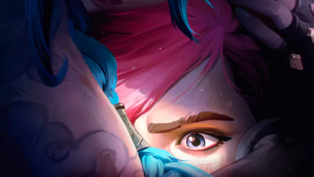 HD desktop wallpaper of VI from Arcane Season 2. The image features a close-up of her face with intense, colorful elements, tagged with TV show, Arcane, Arcane Season 2, and VI (League of Legends).