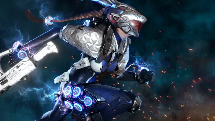 HD desktop wallpaper featuring a dynamic scene from the video game The First Descendant, showcasing an armored character in action with electrifying effects and a futuristic design.