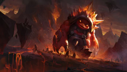 HD desktop wallpaper featuring Rammus from the video game League of Legends, set against a dramatic, fiery landscape with molten lava and jagged mountains.