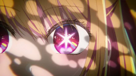 Close-up of Ruby Hoshino from the anime Oshi no Ko with detailed, sparkling eyes. The HD desktop wallpaper captures her colorful and vivid expression beautifully.