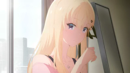 HD desktop wallpaper featuring a character from the anime Days with My Stepsister, with a serene expression, light blonde hair, and a detailed background view of a cityscape from a window.