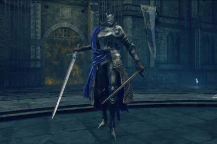 Knight Rellana Twin Moon from Elden Ring Shadow of the Erdtree stands poised with dual swords in a gothic setting. HD wallpaper for fans of the video game Elden Ring.