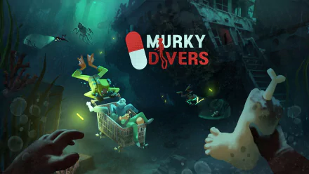 HD desktop wallpaper of the video game, Murky Divers, featuring an underwater scene with divers near a sunken ship, colorful marine life, and the game's title prominently displayed.