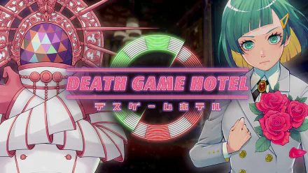 HD desktop wallpaper featuring characters from the video game Death Game Hotel, with a striking background and vibrant colors.