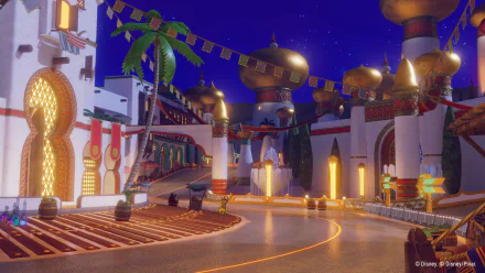 HD desktop wallpaper of Disney Speedstorm, featuring a vibrant nighttime scene with a paved racetrack winding through an illuminated, exotic village inspired by Arabian architecture.