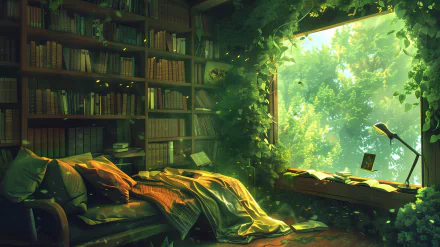 HD desktop wallpaper of a cozy library room featuring a comfortable chair and a large window overlooking lush greenery, creating a serene and relaxing atmosphere.