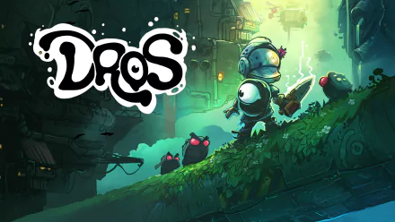 HD desktop wallpaper of the video game DROS, featuring a character in a robotic suit with a sword, alongside small creatures with glowing red eyes, set in a lush, industrial environment.