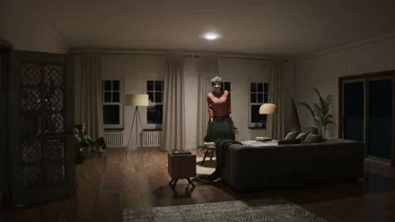 HD desktop wallpaper and background from the video game Supernatural (2024), featuring a dimly lit living room with a mysterious human-like figure standing near a couch.