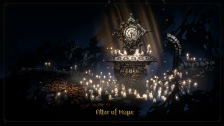 Darkest Dungeon II HD wallpaper showing the 'Altar of Hope' illuminated by numerous candles amidst a dark, atmospheric background.