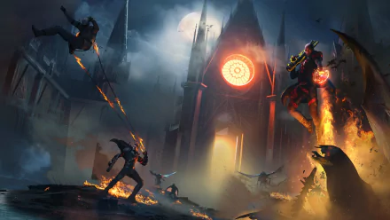 HD wallpaper of the video game EvilVEvil, featuring an intense battle scene set against a gothic cathedral backdrop under a full moon.