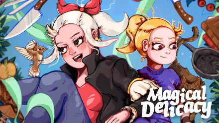 HD desktop wallpaper featuring two animated characters from the video game Magical Delicacy. The vibrant background includes whimsical elements and playful details.