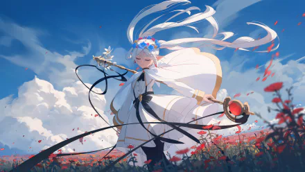 4K Ultra HD PC desktop wallpaper of Frieren from Frieren: Beyond Journey's End, featuring her in white robes with flowing ribbons amidst a vibrant flower field under a blue sky.