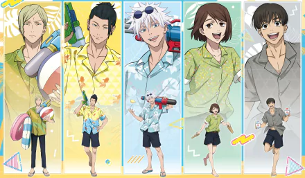 Anime-style 4K Ultra HD PC desktop wallpaper featuring five Jujutsu Kaisen characters in colorful summer outfits holding water guns and playful accessories.