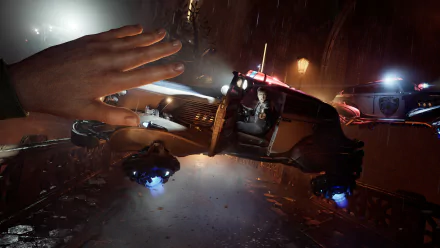 HD wallpaper of Nobody Wants to Die, featuring a futuristic flying vehicle with police lights and a large hand in the foreground, set in a dimly lit, rainy night-time urban environment.