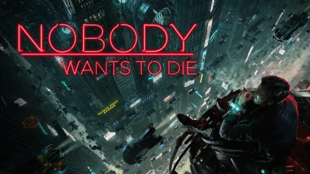 HD desktop wallpaper for the video game Nobody Wants to Die features a futuristic cityscape with neon elements and a character gazing out over the city from a high vantage point.