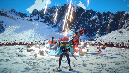 A vibrant HD wallpaper from the video game Dungeons of Hinterberg, showcasing a character battling enemies against a backdrop of snowy mountains and bright, dynamic visuals.