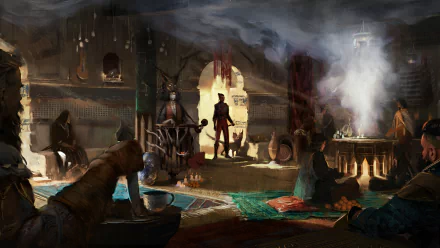 HD desktop wallpaper of Flintlock: The Siege of Dawn video game, depicting a detailed, dimly-lit interior scene with various characters engaged in different activities.