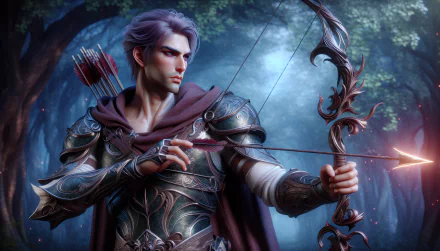 HD desktop wallpaper of a fantasy archer with a bow, standing in an enchanted forest, his arrow glowing with a mystical light.